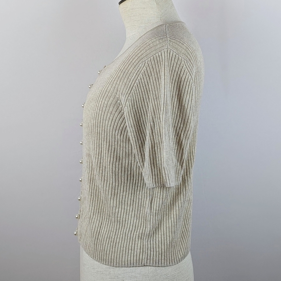 NAADAM Cardigan Faux Pearl Button Front Short Sleeve Silk Cashmere Linen M NWOT - Picture 8 of 12